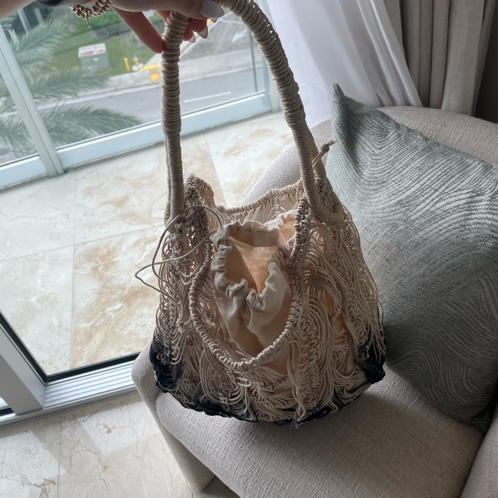 Zara Beige and Black Fringe Shoulder Bag